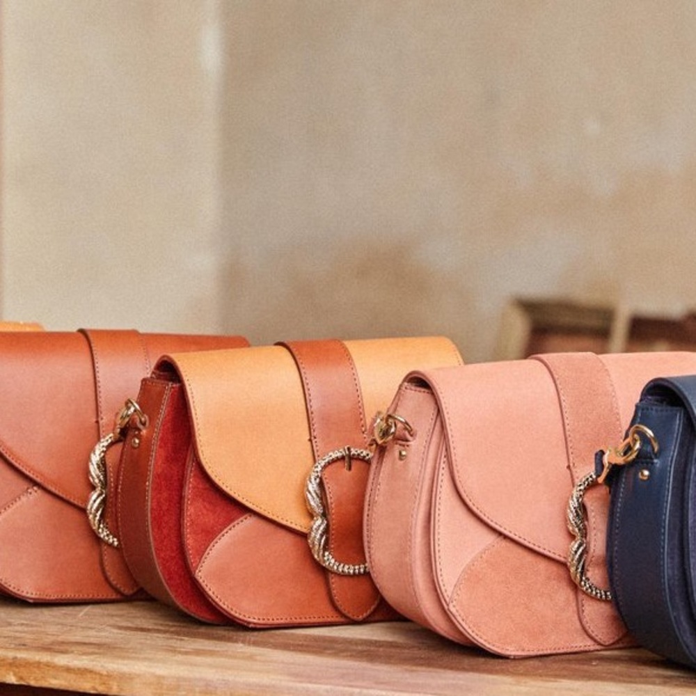 Brand new Sézane Oli leather bag in multi natural, with dustbag, pink sezane box